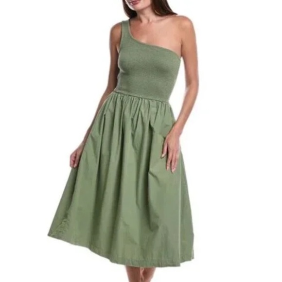 Nation LTD Women XS Green Pima Cotton Connie One Shoulder Smocked Midi Dress NWT - Picture 1 of 14